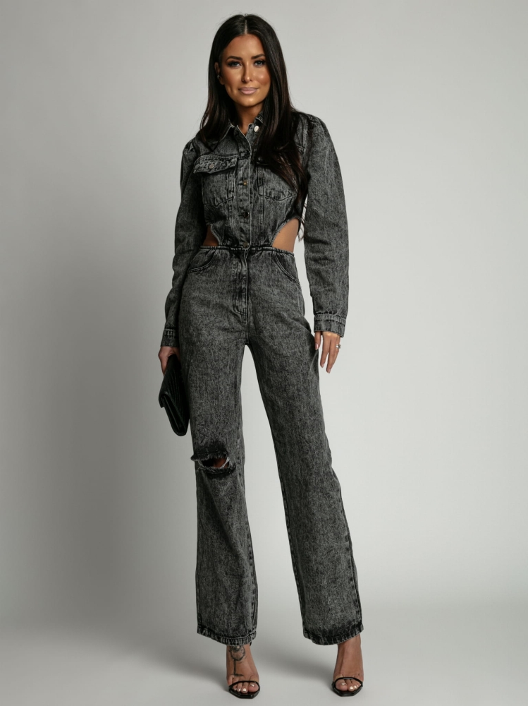 Kombinezon z wycięciami w talii jeans czarny PREMIUM