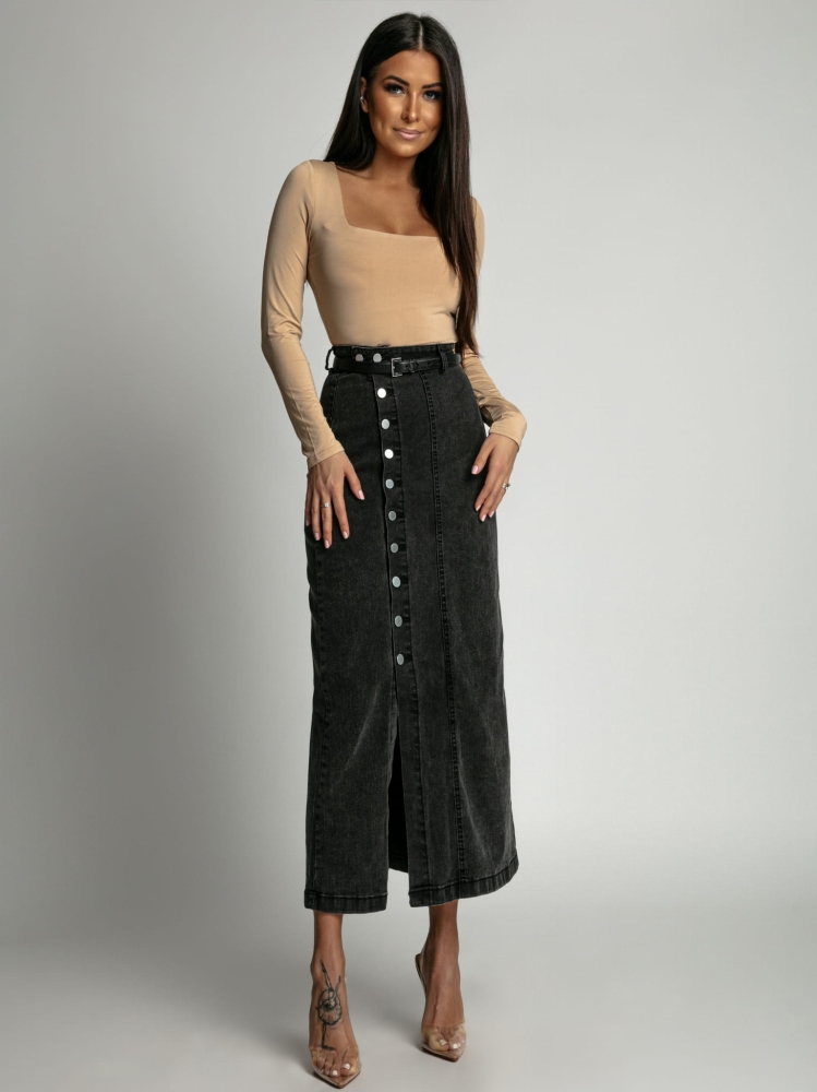 Spódnica z guzikami na boku czarny jeans midi PREMIUM