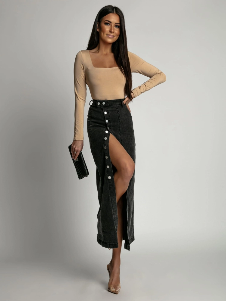 Spódnica z guzikami na boku czarny jeans midi PREMIUM