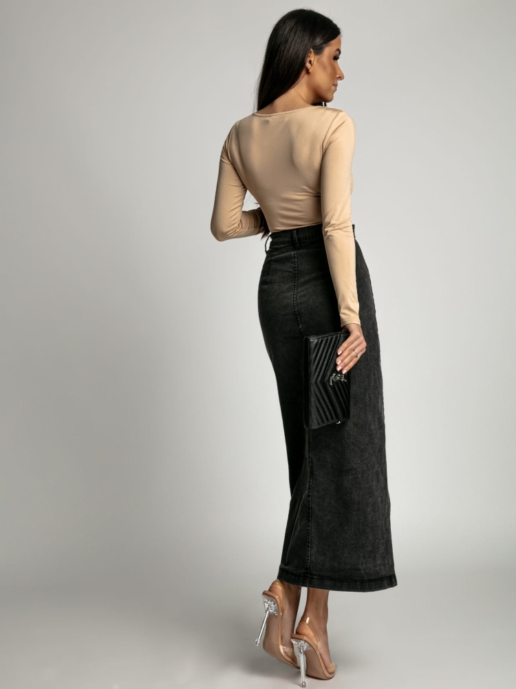 Spódnica z guzikami na boku czarny jeans midi PREMIUM