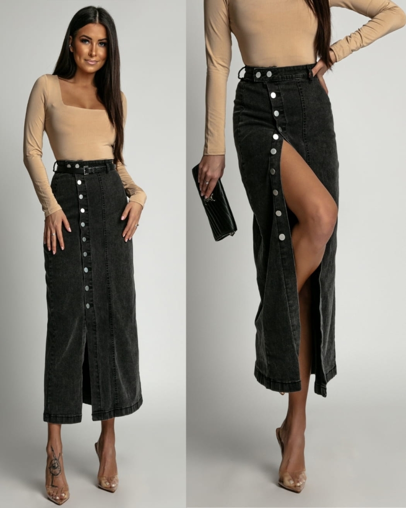 Spódnica z guzikami na boku czarny jeans midi PREMIUM