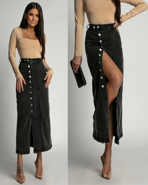 Spódnica z guzikami na boku czarny jeans midi PREMIUM