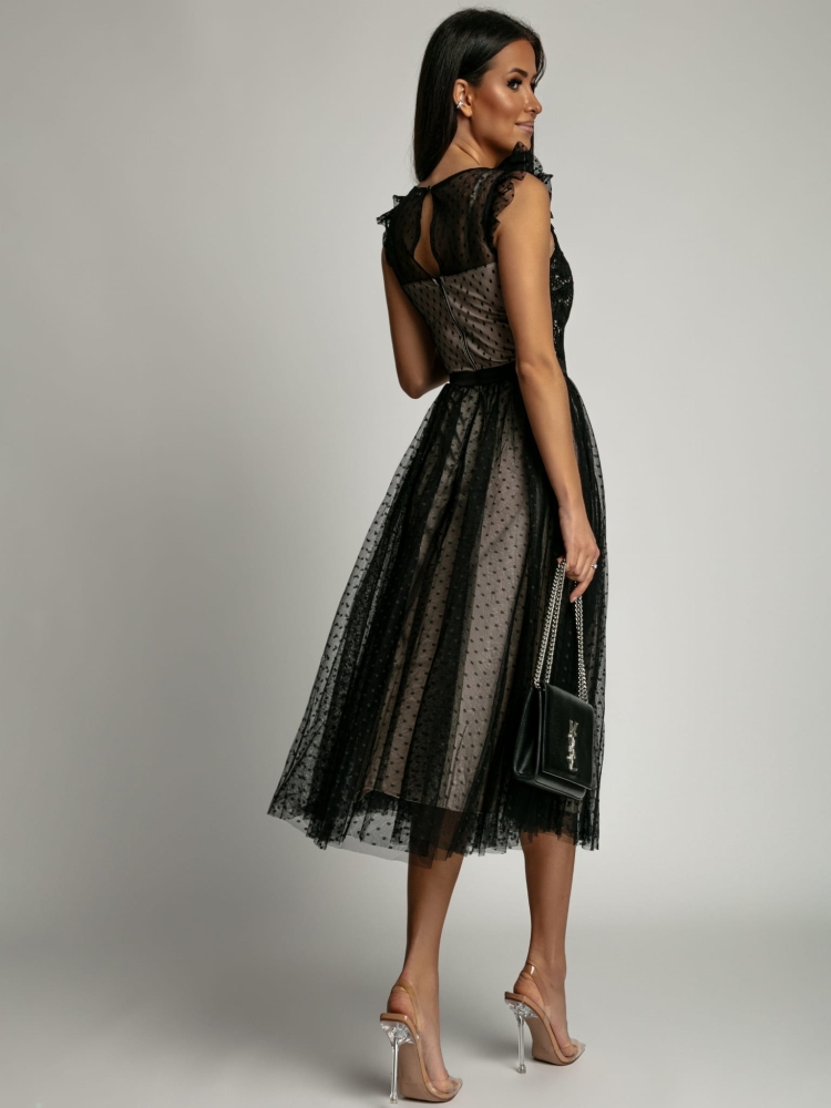 Sukienka tiulowa w kropki na ramiączkach czarna PREMIUM