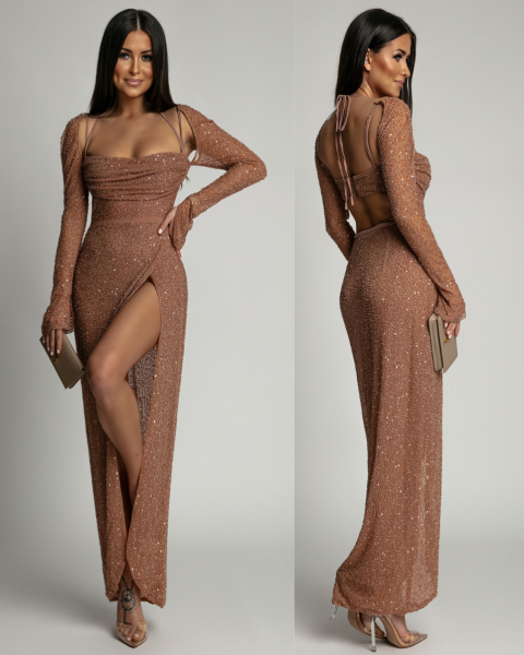 Suknia z cekinami i body maxi PREMIUM beżowa 