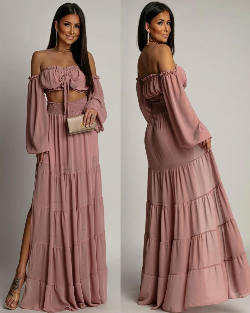 Komplet top oraz długa spódnica brudny róż