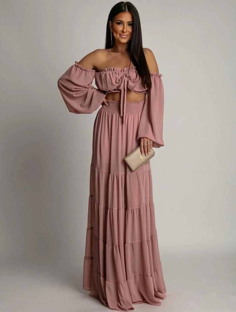 Komplet top oraz długa spódnica brudny róż