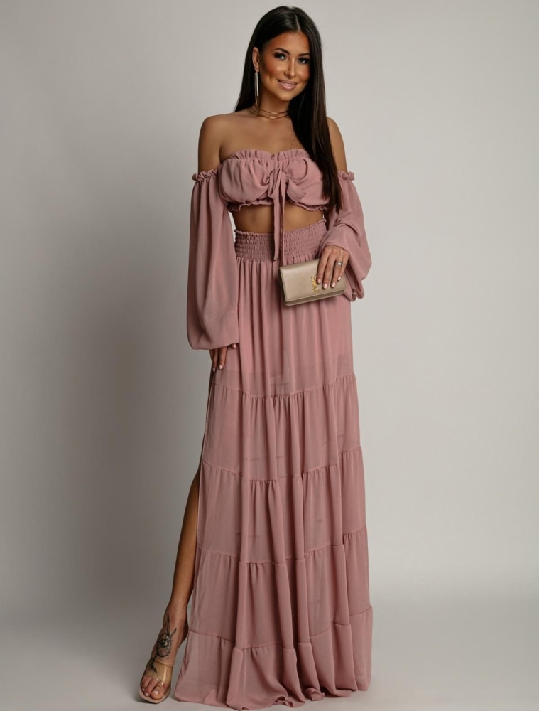 Komplet top oraz długa spódnica brudny róż