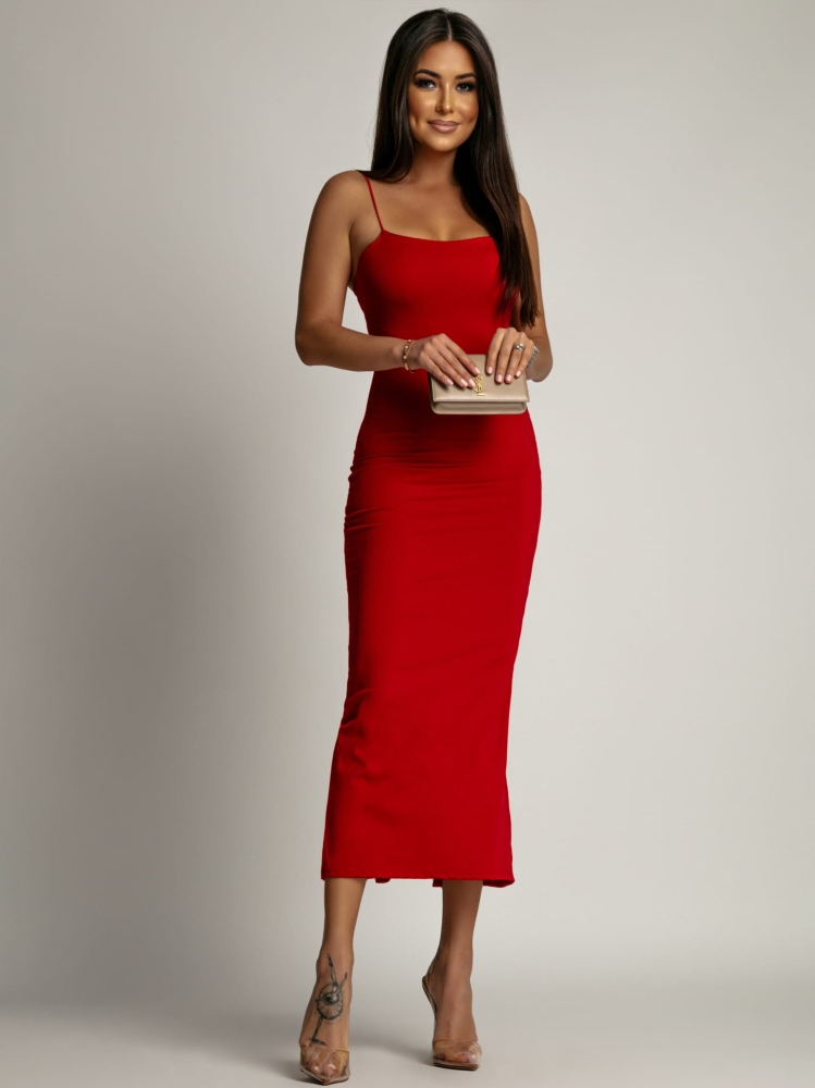 Sukienka klasyczna midi na ramiączkach czerwona