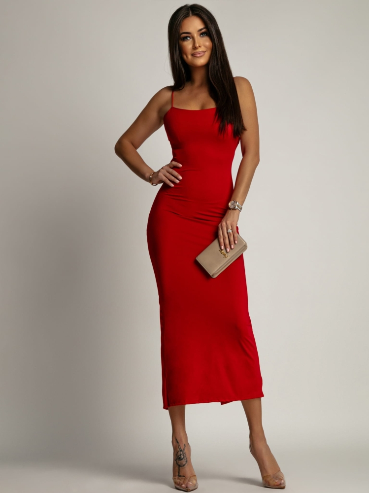 Sukienka klasyczna midi na ramiączkach czerwona