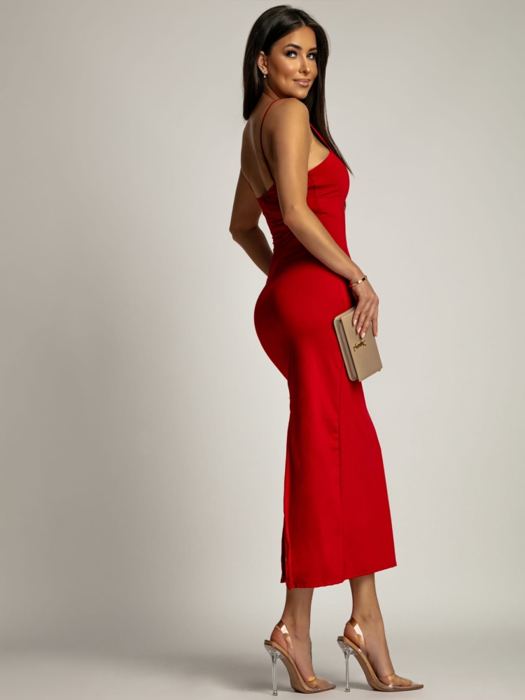 Sukienka klasyczna midi na ramiączkach czerwona