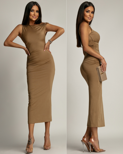 Sukienka klasyczna z ozdobnym ramiączkiem brązowa