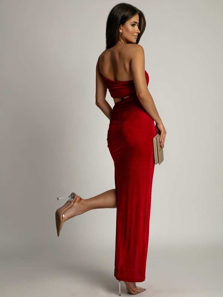 Kobieca sukienka z rozcięciem w talii czerwona PREMIUM