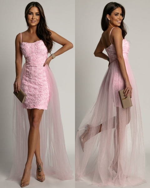 Sukienka w róże z ozdobnym tiulem różowa PREMIUM