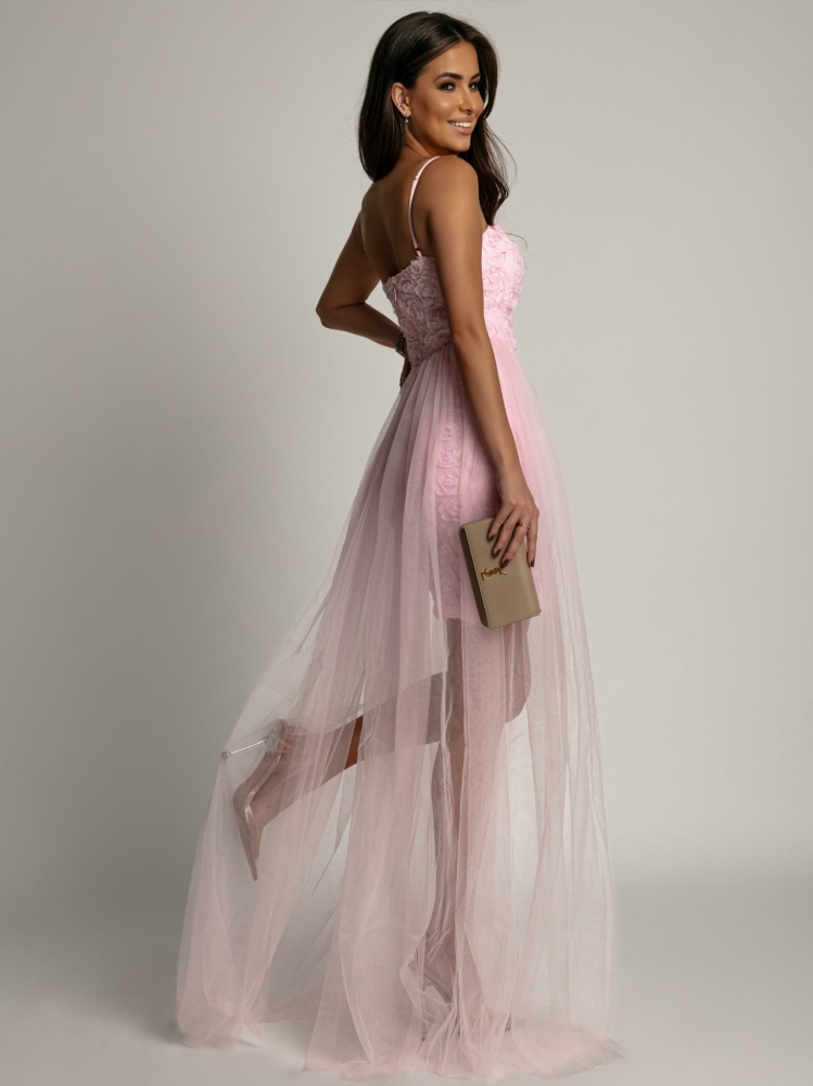 Sukienka w róże z ozdobnym tiulem różowa PREMIUM