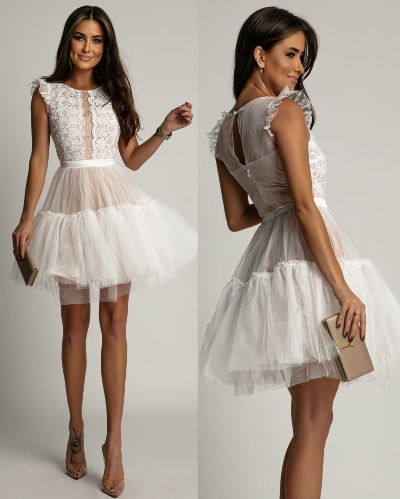 Sukienka tiulowa mini rozkloszowana z koronkową górą ecru PREMIUM