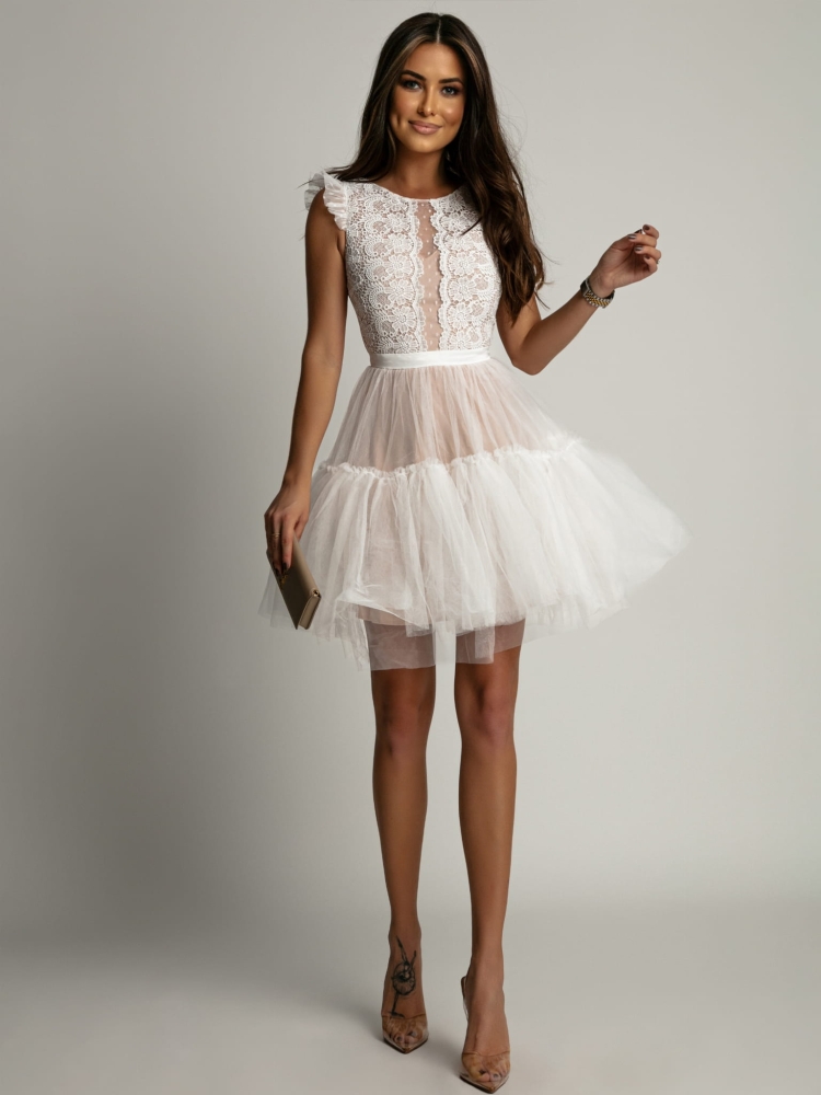 Sukienka tiulowa mini rozkloszowana z koronkową górą ecru PREMIUM
