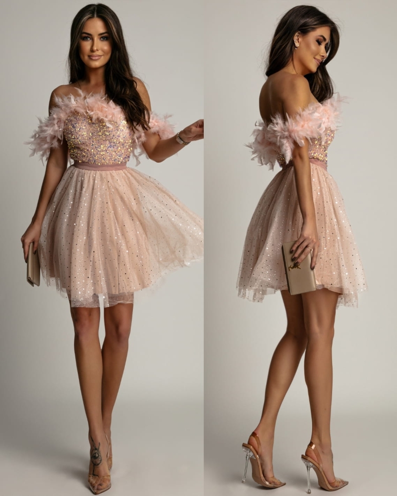 Sukienka tiulowa mini z cekinami i piórkami beżowa PREMIUM
