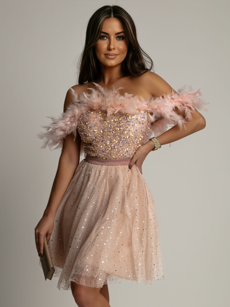 Sukienka tiulowa mini z cekinami i piórkami beżowa PREMIUM