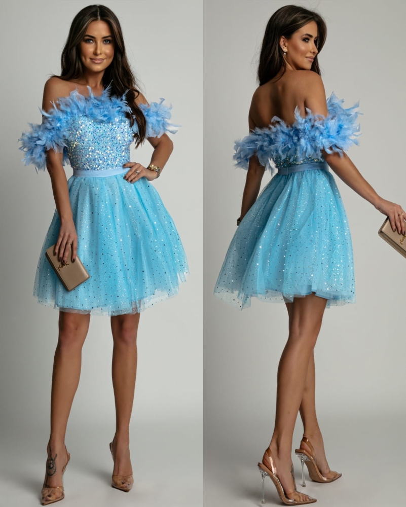 Sukienka tiulowa mini z cekinami i piórkami niebieska PREMIUM