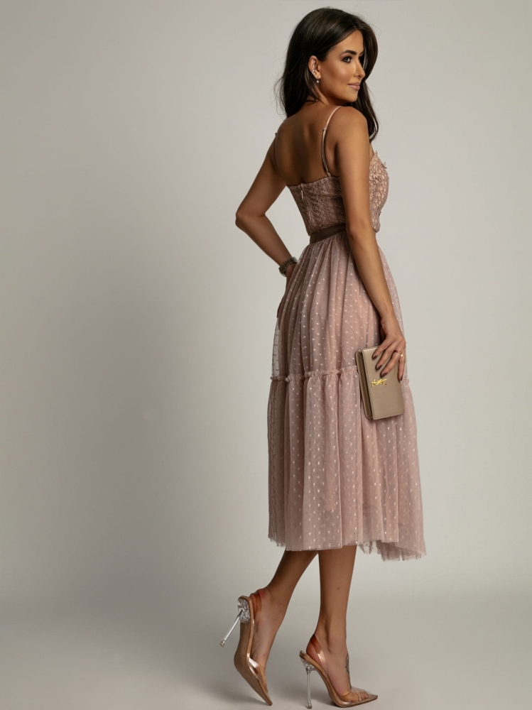 Sukienka midi w kropki z ozdobną koronką beżowa PREMIUM