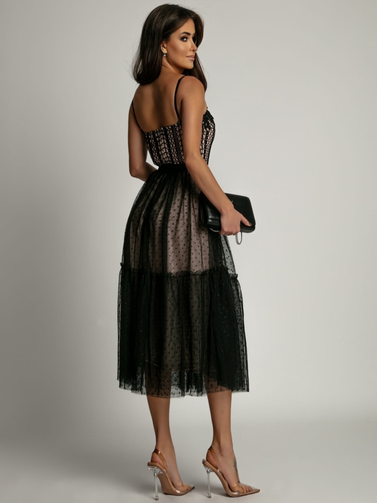 Sukienka midi w kropki z ozdobną koronką czarna PREMIUM