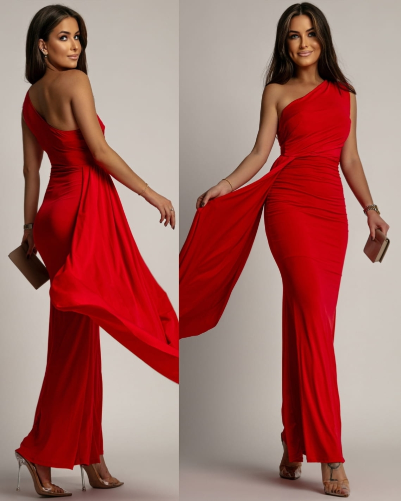 Sukienka maxi z ozdobnym pasem czerwona PREMIUM