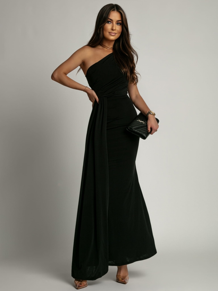 Sukienka maxi z ozdobnym pasem czarna PREMIUM