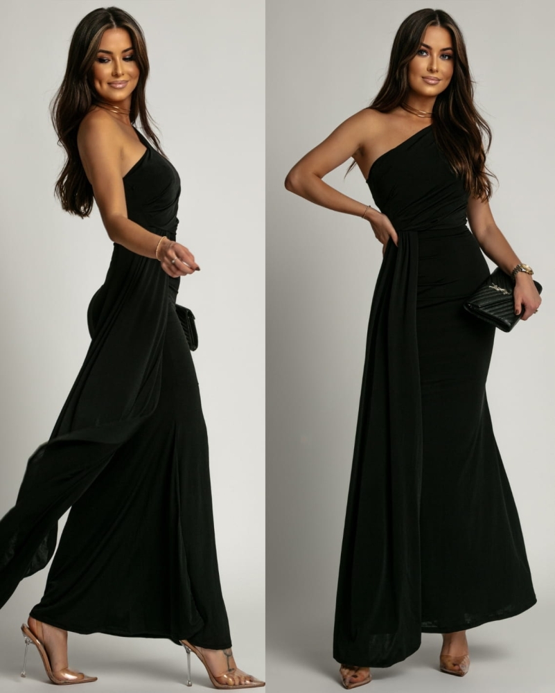 Sukienka maxi z ozdobnym pasem czarna PREMIUM