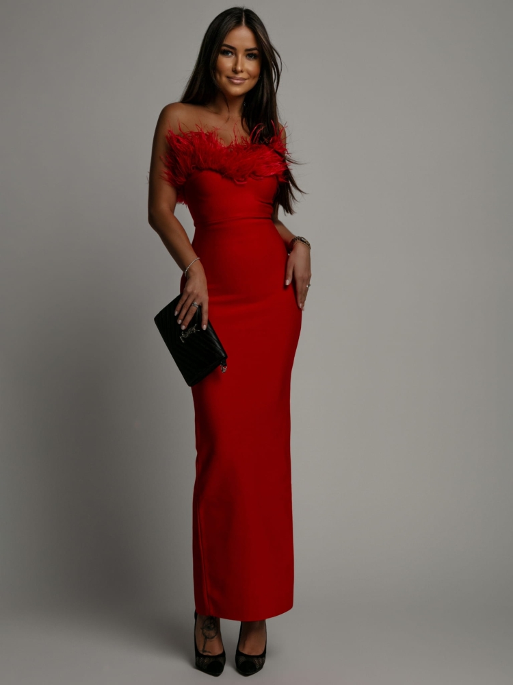 Sukienka długa z piórkami na dekolcie bandażowa PREMIUM czerwona