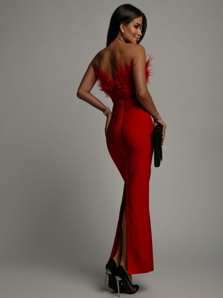 Sukienka długa z piórkami na dekolcie bandażowa PREMIUM czerwona