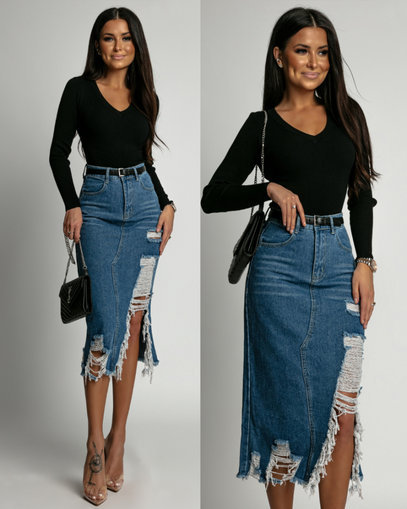 Spódnica ciemny jeans z przetarciami PREMIUM