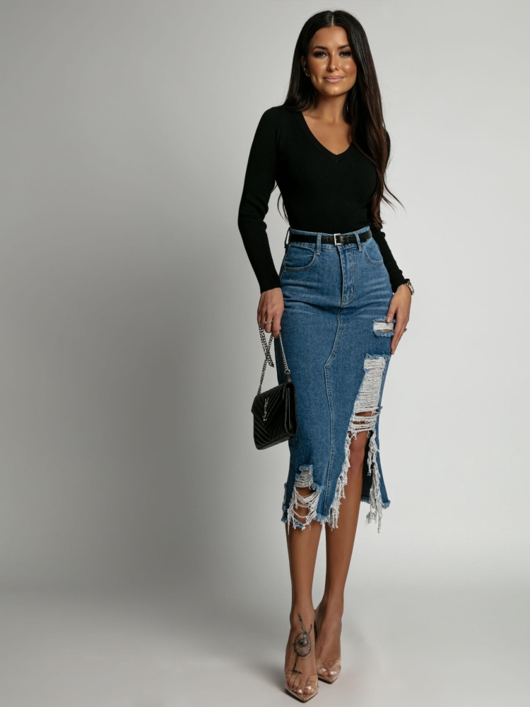 Spódnica ciemny jeans z przetarciami PREMIUM