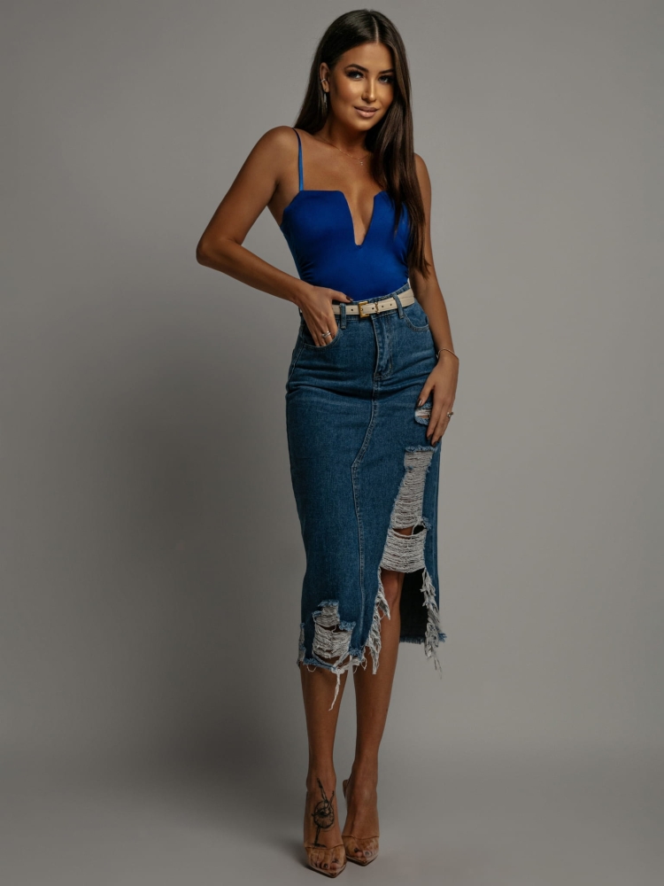 Spódnica ciemny jeans z przetarciami PREMIUM