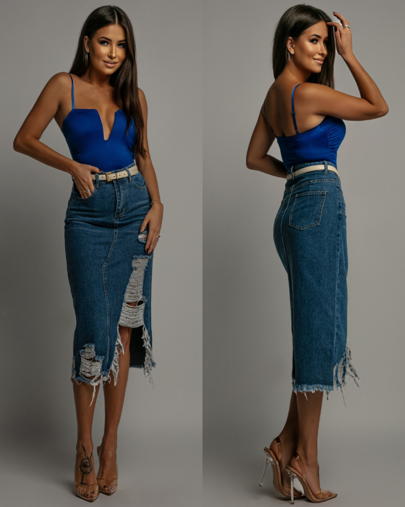 Spódnica ciemny jeans z przetarciami PREMIUM