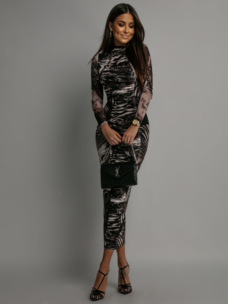 Sukienka z siateczki marszczona midi print szaro-czarno-beżowa PREMIUM Polska produkcja