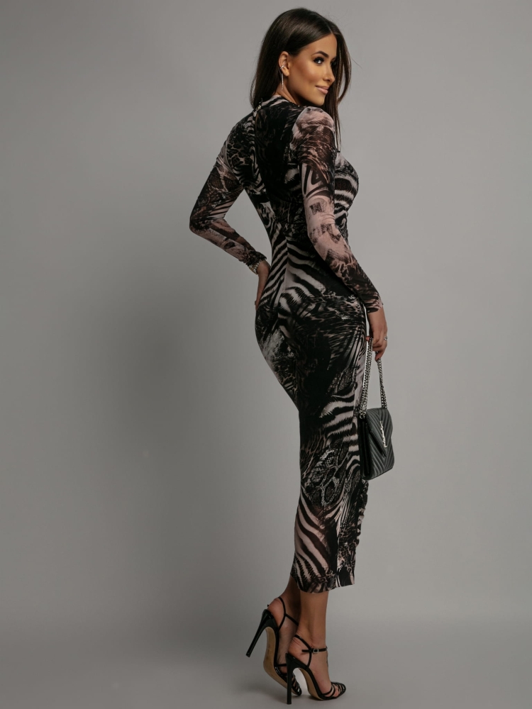 Sukienka z siateczki marszczona midi print szaro-czarno-beżowa PREMIUM Polska produkcja