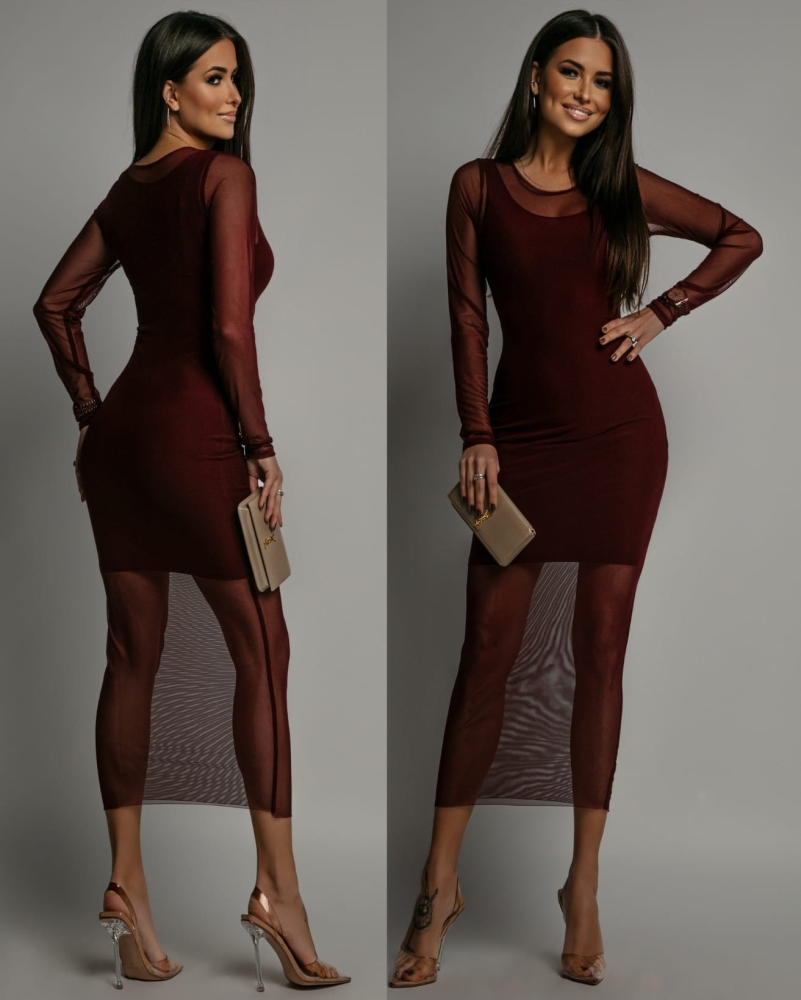 Sukienka z siateczki midi bordowa PREMIUM Polska produkcja