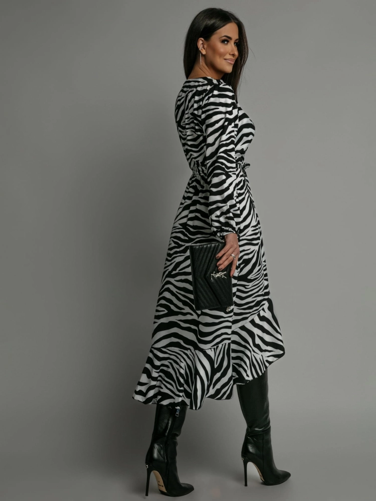 Sukienka midi print paski biało-czarna