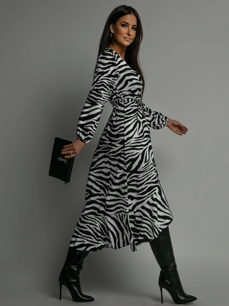 Sukienka midi print paski biało-czarna