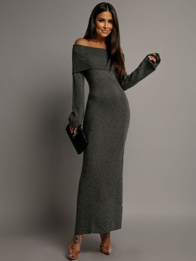 Sukienka sweterkowa hiszpanka maxi szara PREMIUM