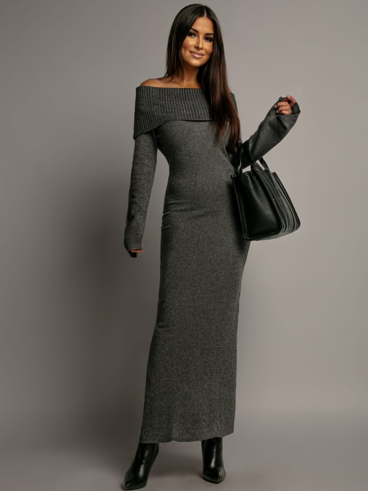 Sukienka sweterkowa hiszpanka maxi szara PREMIUM