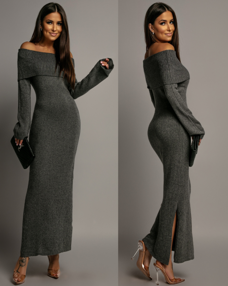 Sukienka sweterkowa hiszpanka maxi szara PREMIUM