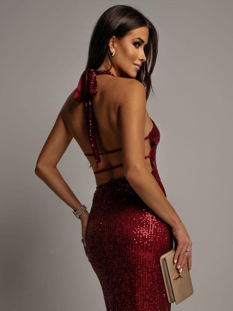 Sukienka cekinowa midi ozdobne plecy bordowa