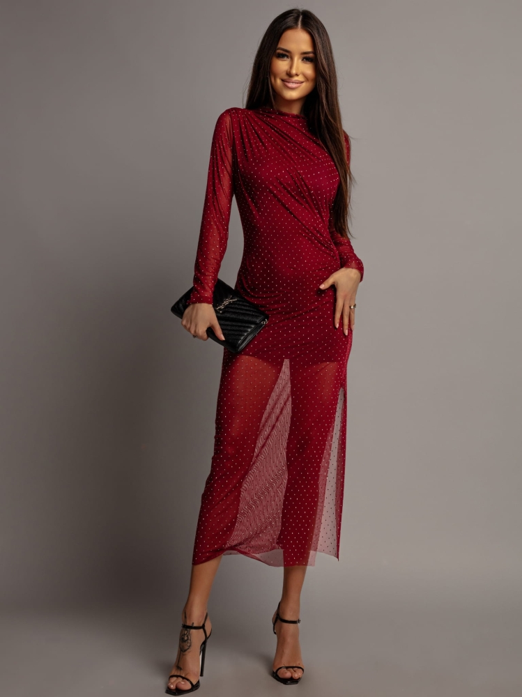 Sukienka z perełkami i siateczką midi bordowa