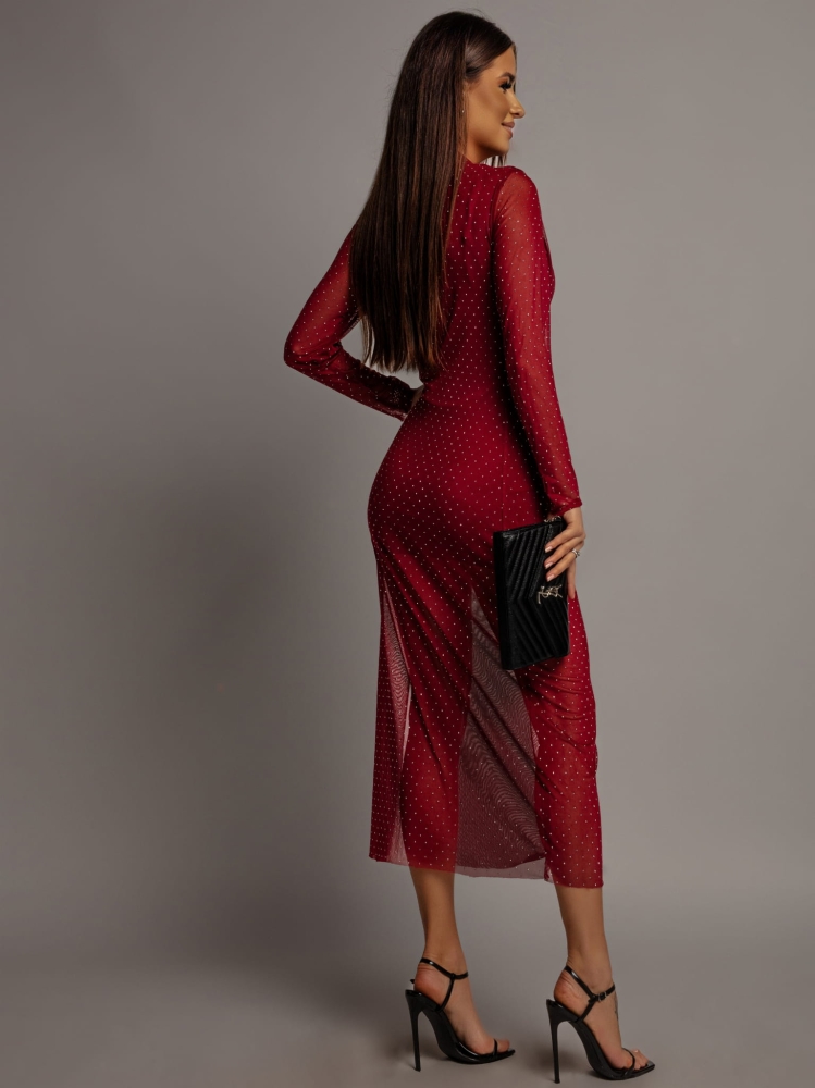 Sukienka z perełkami i siateczką midi bordowa