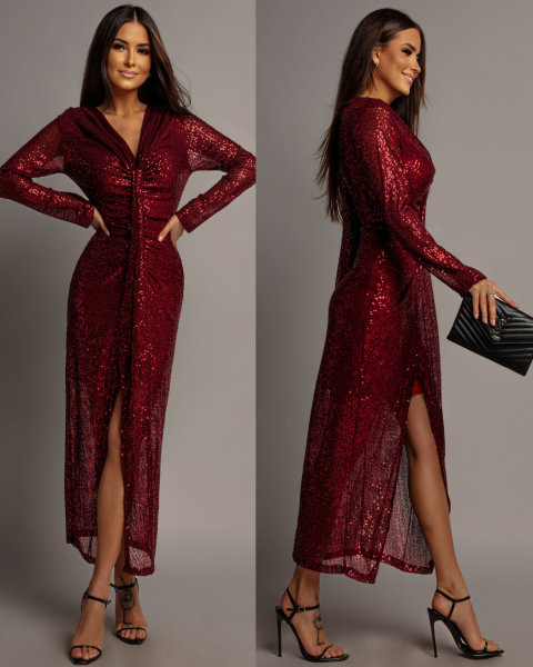 Sukienka z cekinami i ozdobnym dekoltem bordowa