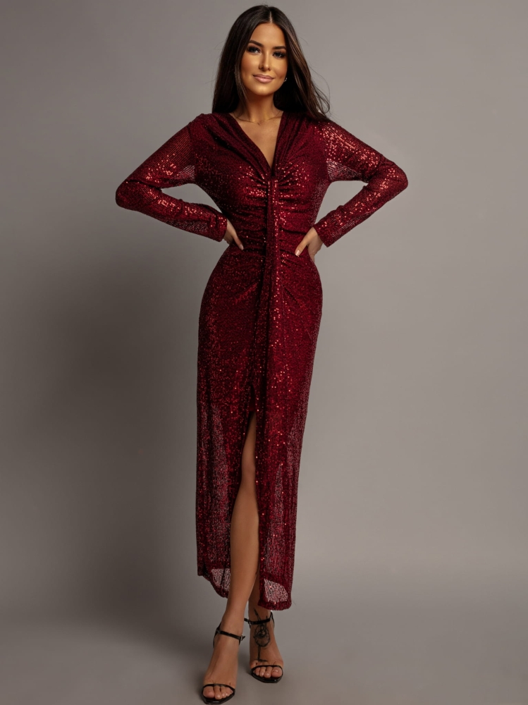 Sukienka z cekinami i ozdobnym dekoltem bordowa