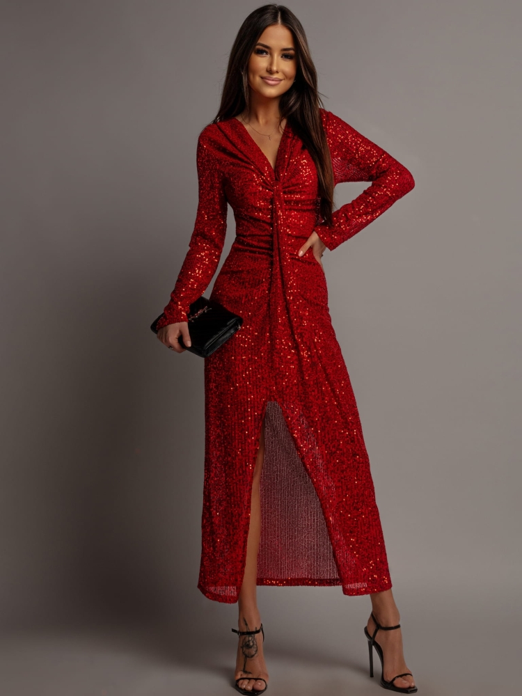 Sukienka z cekinami i ozdobnym dekoltem czerwona