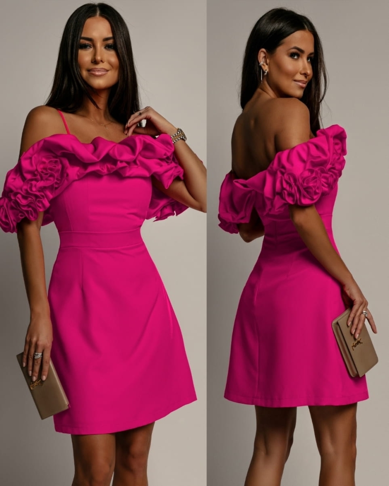 Sukienka hiszpanka mini z doczepianmi ramiączkami fuksja PREMIUM Polska produkcja