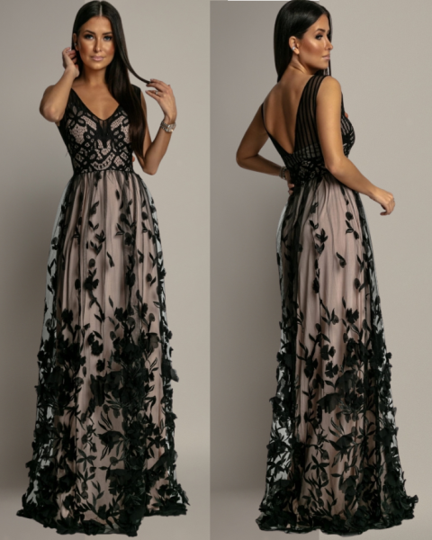 Sukienka maxi z ozdobną koronką i kwiatami beżowo-czarna PREMIUM